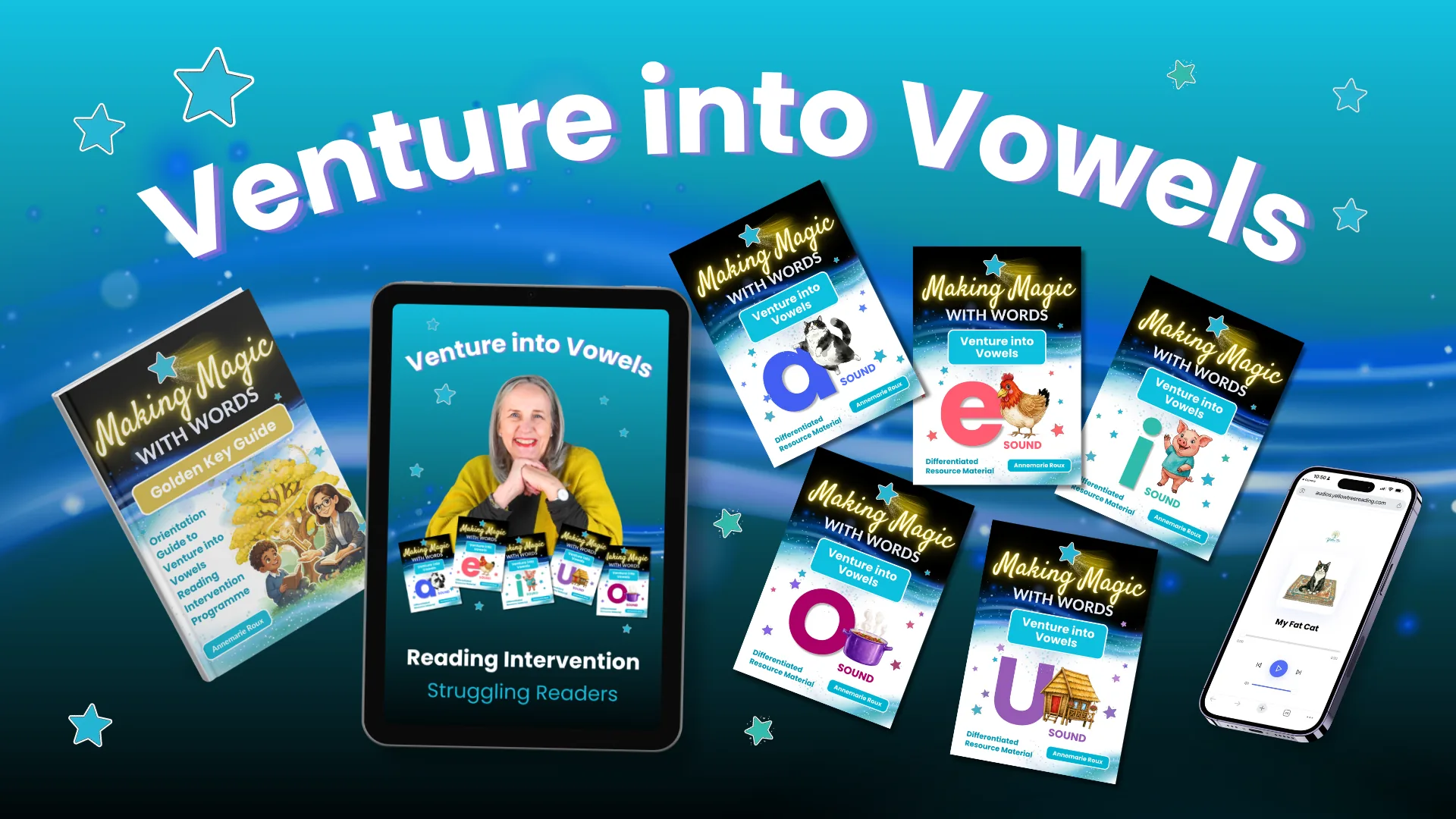 Venture into Vowels: the Golden Key Guide, five vowel-sound resource packs, the filmed course and QR audio stories