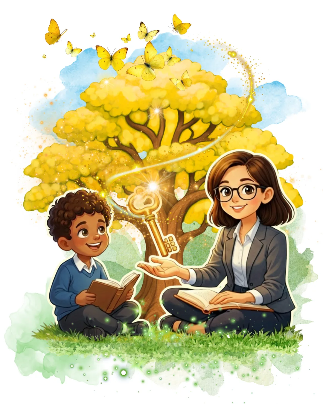 A teacher and child reading together beneath the Yellow Tree, with golden butterflies and a glowing key of learning