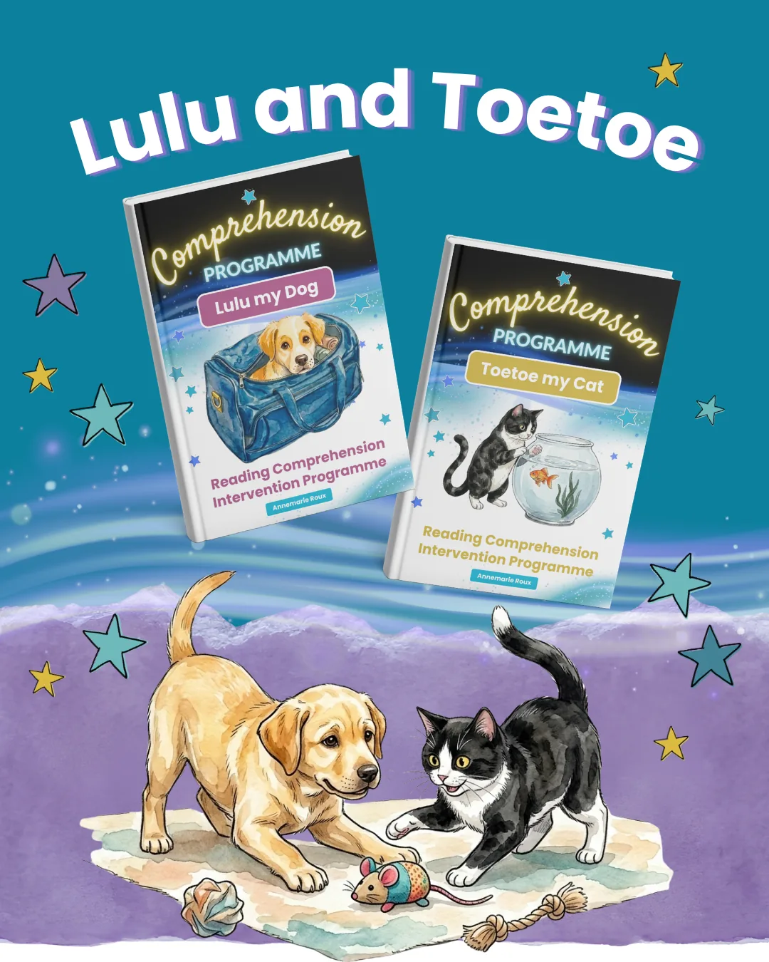 The Lulu my Dog and Toetoe my Cat comprehension programme books with the two characters at play