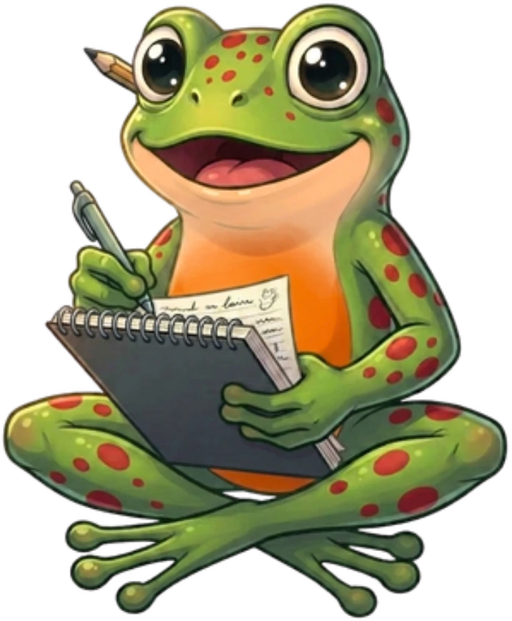 Cartoon frog sitting cross-legged and writing in a notebook