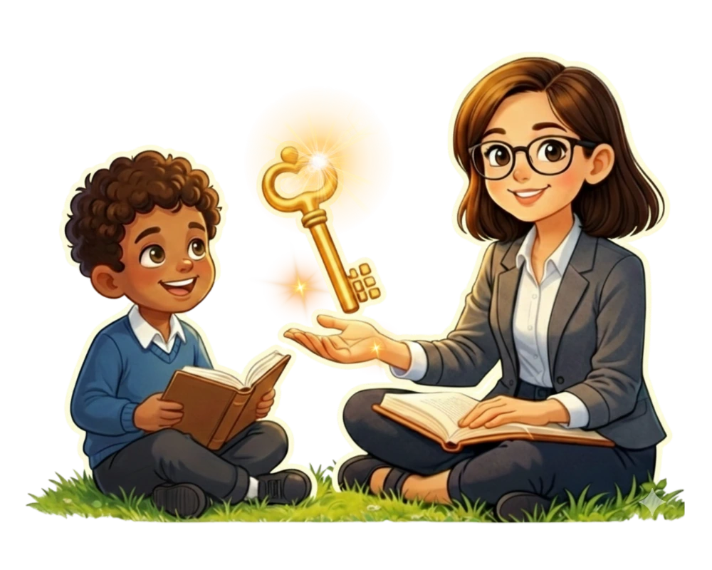 A teacher empowering a young reader with a golden key as they read together
